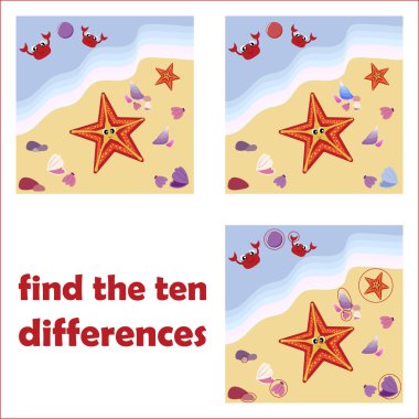 Farkları bul. Deniz yıldızı, deniz kabuğu ve yengeç. Çizgi film sakinleri. Su altı dünyası. Çocuklar için vektör illüstrasyonu.