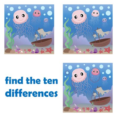 Farkları bul. Denizanası, deniz kabuğu ve deniz yıldızı. Çizgi film sakinleri. Su altı dünyası. Çocuklar için vektör illüstrasyonu.