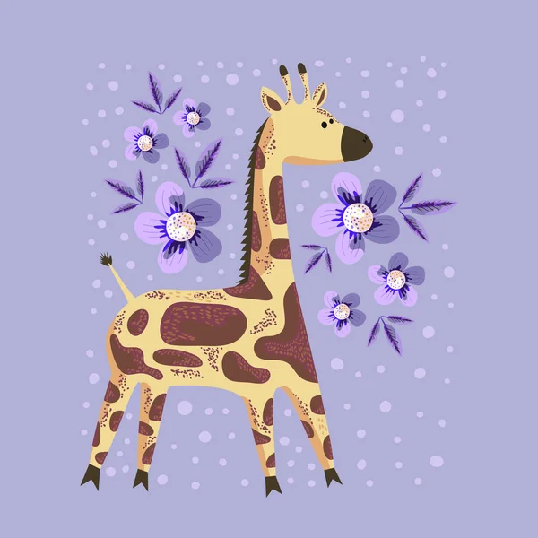 Vectorafbeelding Van Een Giraffe Een Botanische Achtergrond Platte Illustratie Van — Stockvector