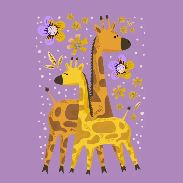 Image Vectorielle Une Girafe Sur Fond Botanique Illustration Plate Des — Image vectorielle