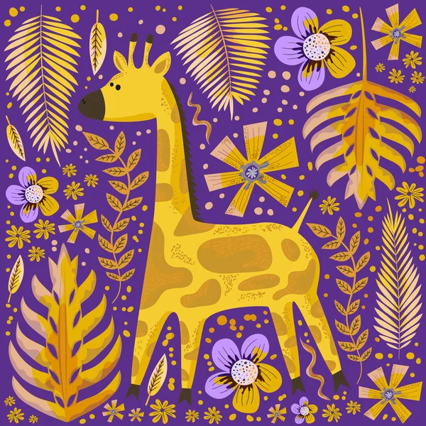 Image Vectorielle Une Girafe Sur Fond Botanique Illustration Plate Des — Image vectorielle