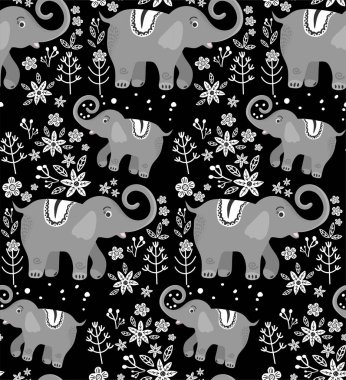 Kusursuz desen. Botanik arka planda bir zürafanın vektör görüntüsü. Afrikalı hayvanların düz çizimi. Tropikal bitkiler ve çiçekler İskandinav tarzında yapıldı. Afrika vahşi yaşamı karalama tarzında