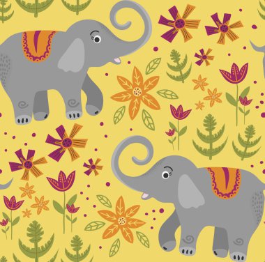 Kusursuz desen. Botanik arka planda bir zürafanın vektör görüntüsü. Afrikalı hayvanların düz çizimi. Tropikal bitkiler ve çiçekler İskandinav tarzında yapıldı. Afrika vahşi yaşamı karalama tarzında