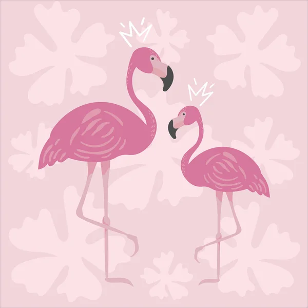 かわいいピンクのフラミンゴのベクトルイラスト 植物の背景にエキゾチックな鳥 — ストックベクタ