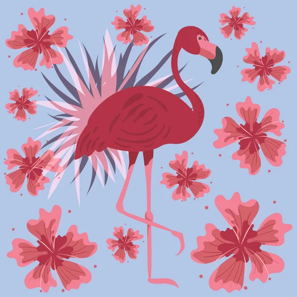 Ilustração Vetorial Flamingo Rosa Bonito Pássaro Exótico Sobre Fundo Botânico —  Vetores de Stock