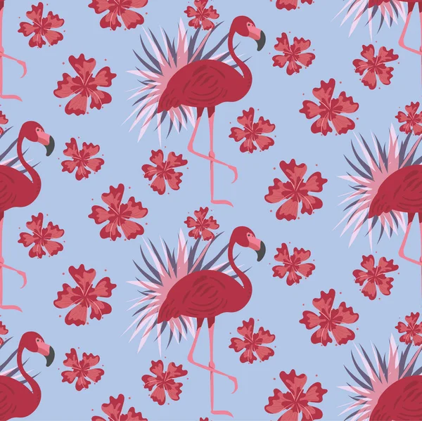 Kusursuz desen. Şirin pembe bir flamingonun vektör çizimi. Botanik arka planda egzotik bir kuş. Düz Çizim.