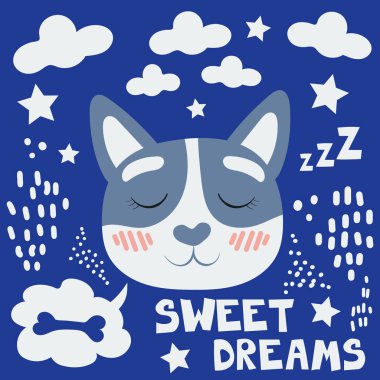 Şirin kedi suratı. Çeşitli grafik elementlerin arka planında düz vektör çizimi. Uyuyan kedi..