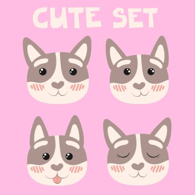 Vektör düz çizimler kümesi. Şirin kediler. Kedilerin yüzleri farklı duygular gösterir..