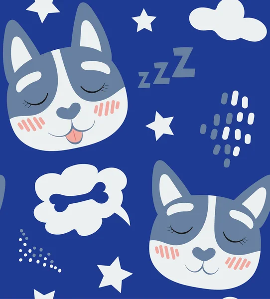 Seamless Pattern Cute Faces Cats Background Stars Clouds Various Graphic — Stock Vector