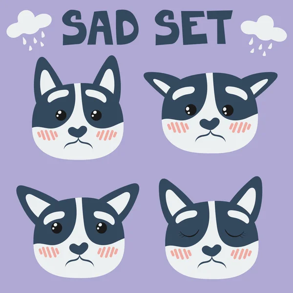 Set Vector Flat Illustrations Cute Cats Faces Cats Show Different — Stock Vector