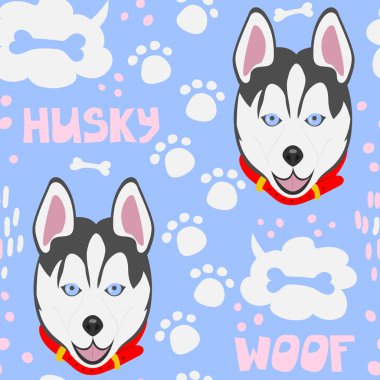 Kumaş, kağıt ve diğer yüzeylere baskı yapmak için kusursuz desen. Köpeklerin sevimli yüzleri. Düz vektör çizimi. Güçlü..