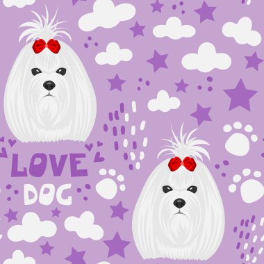 Kumaş, kağıt ve diğer yüzeylere baskı yapmak için kusursuz desen. Köpeklerin sevimli yüzleri. Düz vektör çizimi. Maltaca.