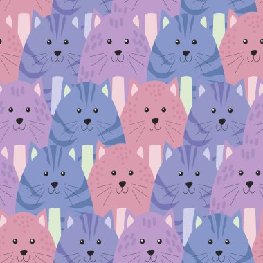 Kusursuz desen. Renkli arka planda sevimli çizgi film kedileri. Düz vektör illüstrasyonu.