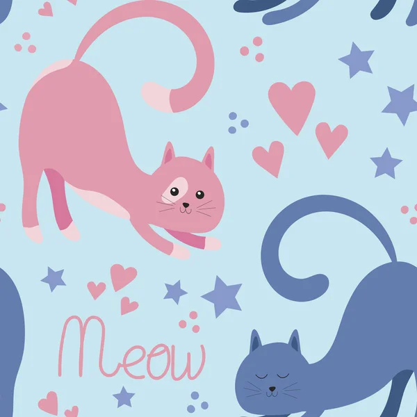 Naadloos Patroon Leuke Cartoon Katten Een Gekleurde Achtergrond Platte Vectorillustratie — Stockvector