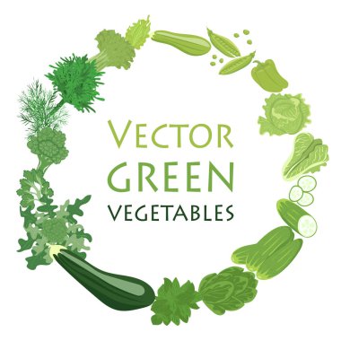 Yeşil sebze seti. Doğal yiyecekler ve sağlıklı yiyecekler. Düz vektör çizimi beyaz arkaplanda izole edildi.