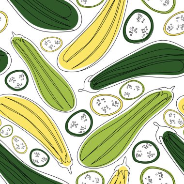 Kusursuz desen. Sebze iliği, kabak, kabak. Sebzeler. Doğal besin ve sağlıklı beslenme. Beyaz arkaplanda düz vektör çizimi.