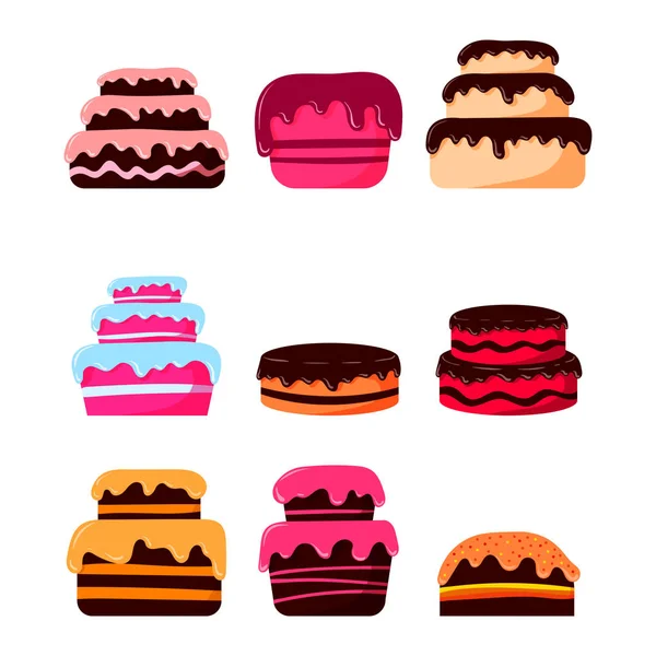 Set Beautiful Sweet Juicy Tasty Cakes Chocolate Cakes Icing Cakes — Stock Vector