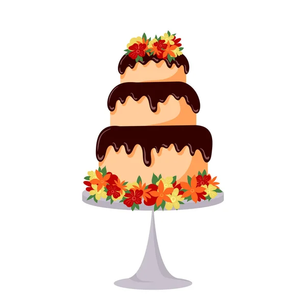 Delicious Layered Cake Stand Decorated Flowers Cake Wedding Birthday Vector — Stock Vector