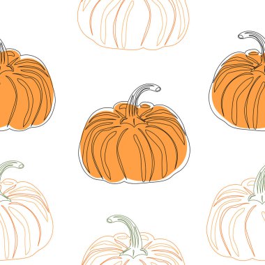 Kusursuz desen. Balkabağım. Sebzeler. Doğal besin ve sağlıklı beslenme. Beyaz arkaplanda düz vektör çizimi.