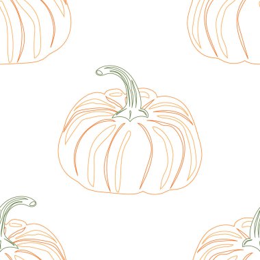 Kusursuz desen. Balkabağım. Sebzeler. Doğal besin ve sağlıklı beslenme. Beyaz arkaplanda düz vektör çizimi.