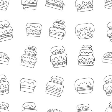 Kusursuz desenli, kekin görüntüsü. Doodle tarzı. Beyaz arkaplanda vektör illüstrasyonu.