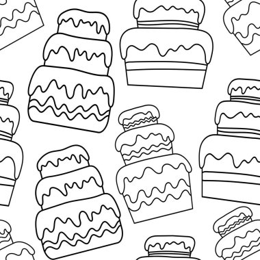 Kusursuz desenli, kekin görüntüsü. Doodle tarzı. Beyaz arkaplanda vektör illüstrasyonu.