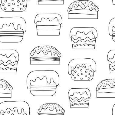 Kusursuz desenli, kekin görüntüsü. Doodle tarzı. Beyaz arkaplanda vektör illüstrasyonu.