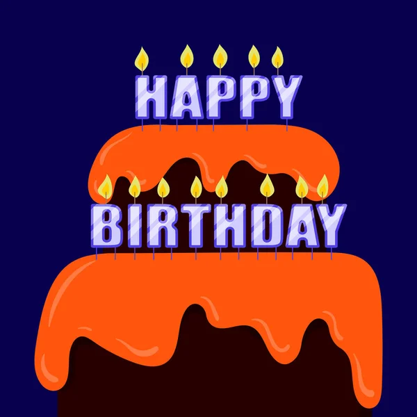 ケーキ ろうそく 碑文の写真とグリーティングカード青の背景に幸せな誕生日 — ストックベクタ