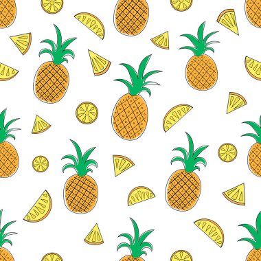 Ananas dilimleri şeklinde kusursuz bir desen. Düz vektör çizimi beyaz arkaplanda izole edildi.