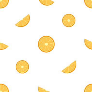 Kusursuz desenli, dilimlenmiş portakal dilimleri. Düz vektör çizimi beyaz arkaplanda izole edildi.