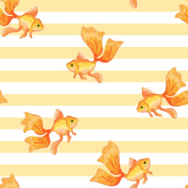 Japon Balığı. Balık görüntüsü olan kusursuz bir desen. Suluboya taklidi. İzole illüstrasyon.