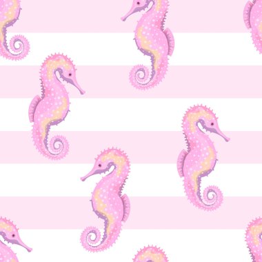 Deniz atı. Balık ve sualtı dünyasının görüntüsüyle kusursuz bir desen. Suluboya taklidi. İzole illüstrasyon