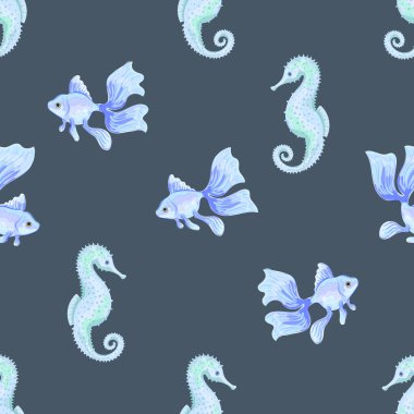 Japon Balığı ve Deniz Atı. Balık görüntüsü olan kusursuz bir desen. Suluboya taklidi. İzole illüstrasyon.