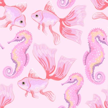 Japon Balığı ve Deniz Atı. Balık görüntüsü olan kusursuz bir desen. Suluboya taklidi. İzole illüstrasyon.