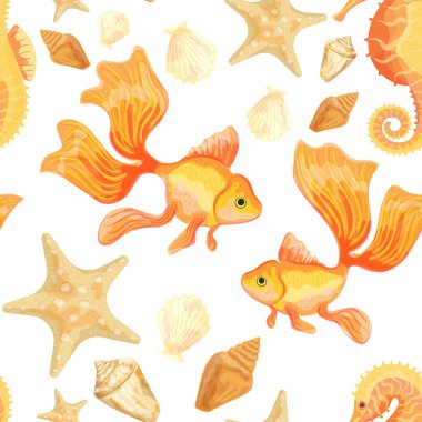 Japon yıldızı, denizyıldızı, deniz kabuğu ve Deniz Atı. Balık görüntüsü olan kusursuz bir desen. Suluboya taklidi. İzole illüstrasyon.