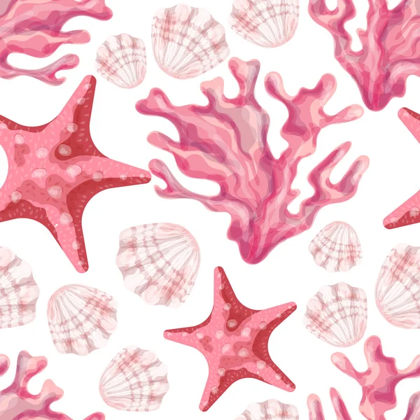Corales Rosados Estrellas Mar Conchas Esponjas Marinas Mundo Submarino Acuarela — Vector de stock