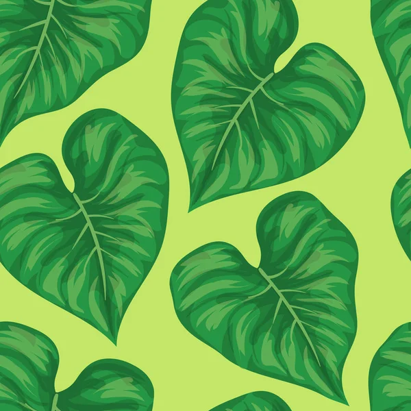 Tropische Pflanzen Und Blumen Grüne Blätter Auf Grünem Hintergrund Nahtloses — Stockvektor