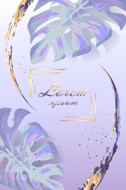 Tropik yapraklar, boya damlaları, parıltılar, altın fırça darbeleri. Pankartlar, etiketler, kapaklar, broşürler, kozmetikler için egzotik botanik. Mavi arkaplandaki izole vektör çizimi.