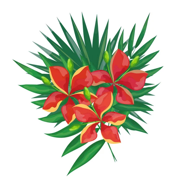 Bouquet of exotic flowers and leaves. Tropical elements for design. Isolated vector illustration on a white background.