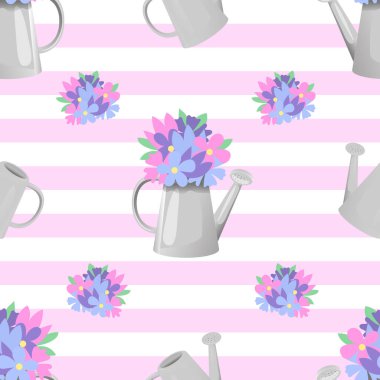 Su kutusunda bir buket çiçek. Kusursuz desen. Beyaz arkaplanda izole edilmiş vektör illüstrasyonu. Sitelerin, afişlerin, etiketlerin, kapakların, kumaşların tasarımı için arkaplan.