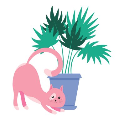 Şirin çizgi film kedisi geriniyor. Tenceredeki bir saksının yanındaki kedi. Beyaz arkaplanda izole vektör çizimi.