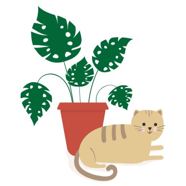 Tatlı bir çizgi film kedisi tencerede bir çiçeğin yanında yatıyor. Beyaz arkaplanda izole vektör çizimi.