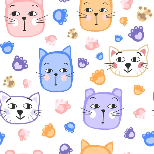 Cute Cartoon Faces Cats Cat Paws Seamless Pattern Isolated Vector — Stock Vector
