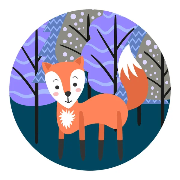 Cute Cartoon Fox Sitting Forest Fox Background Trees Logo Sticker — Stock Vector