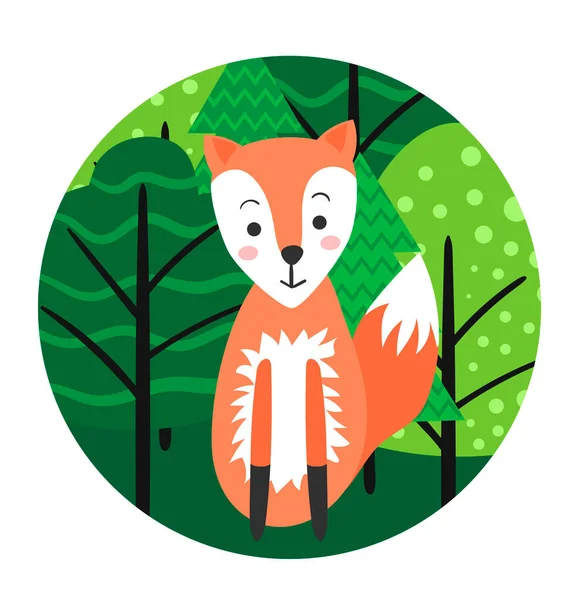 Cute Cartoon Fox Sitting Forest Fox Background Trees Logo Sticker — Stock Vector