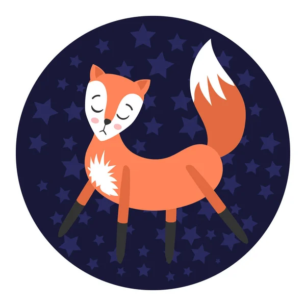 可爱的卡通狐狸在星空中飞翔 圆形标志 白色背景上孤立的平面矢量图解 — 图库矢量图片