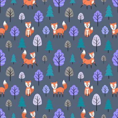 Çizgi film tilkileri ve ağaçlar. Kusursuz desen. Düz vektör çizimi beyaz arkaplanda izole edildi.