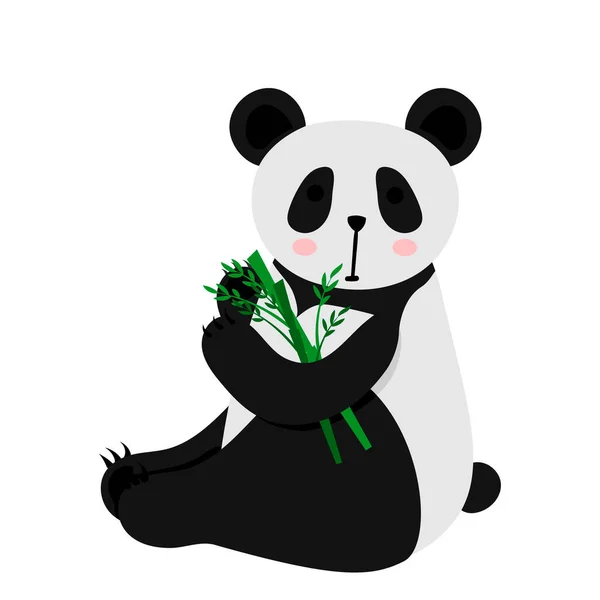 Cute Panda Kreskówki Zjada Bambus Płaska Ilustracja Wektor Izolowane Białym — Wektor stockowy
