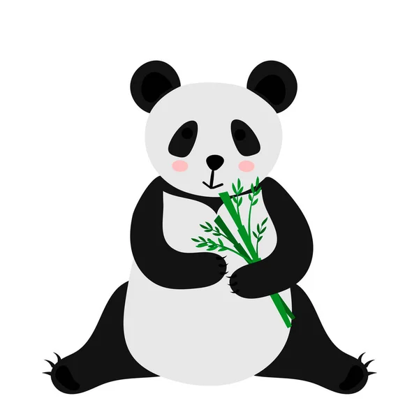 Tatlı Çizgi Film Pandası Bambu Yiyor Düz Vektör Çizimi Beyaz — Stok Vektör