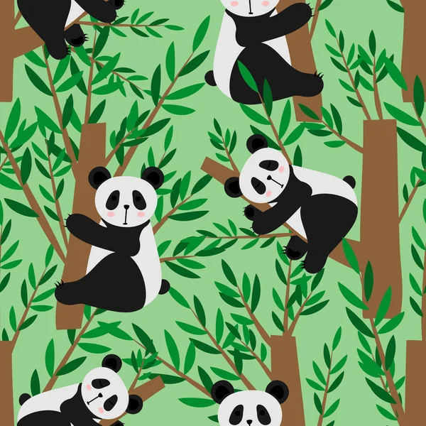 Leuke Tekenfilm Panda Naadloos Patroon Vlakke Vectorillustratie Geïsoleerd Groene Achtergrond — Stockvector